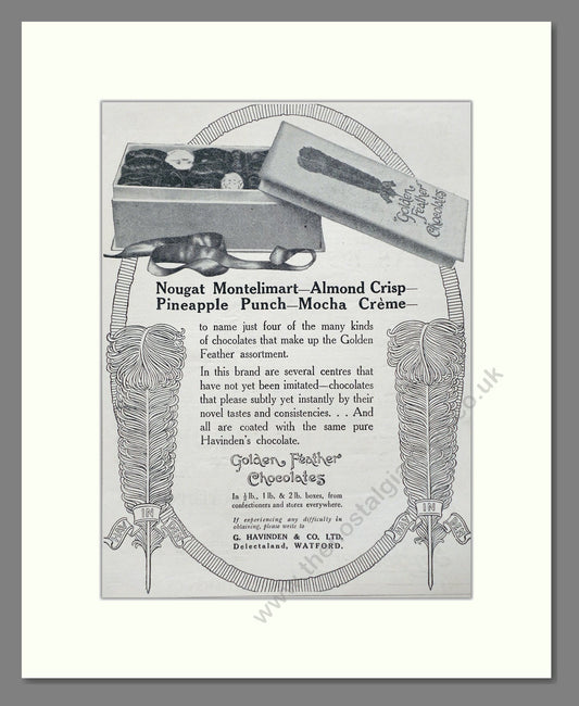 Havingden's - Golden Feather Chocolates. Vintage Advert 1920 (ref AD66881)