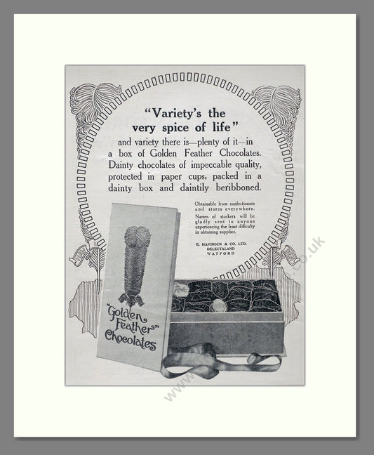 Havingden's - Golden Feather Chocolates. Vintage Advert 1920 (ref AD66882)