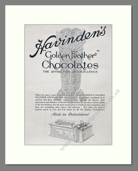 Havingden's - Golden Feather Chocolates. Vintage Advert 1920 (ref AD66887)