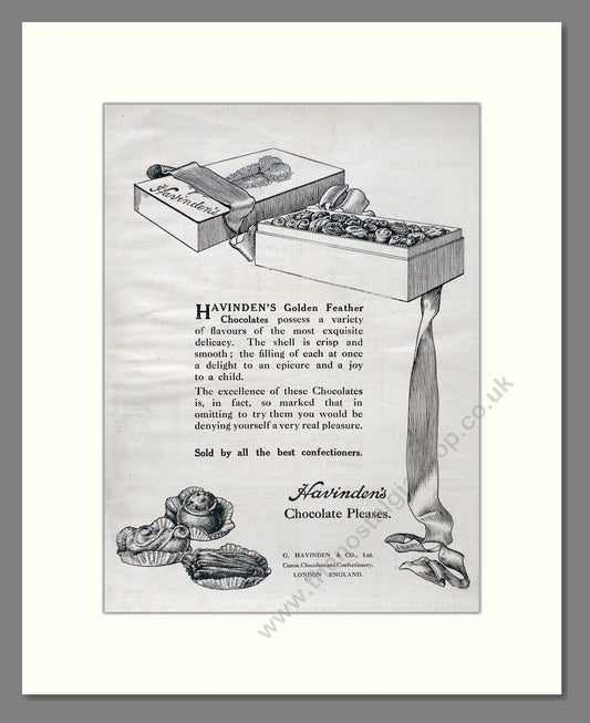 Havingden's - Golden Feather Chocolates. Vintage Advert 1920 (ref AD66893)