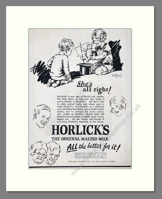 Horlick's - Malted Milk. Vintage Advert 1927 (ref AD66971)