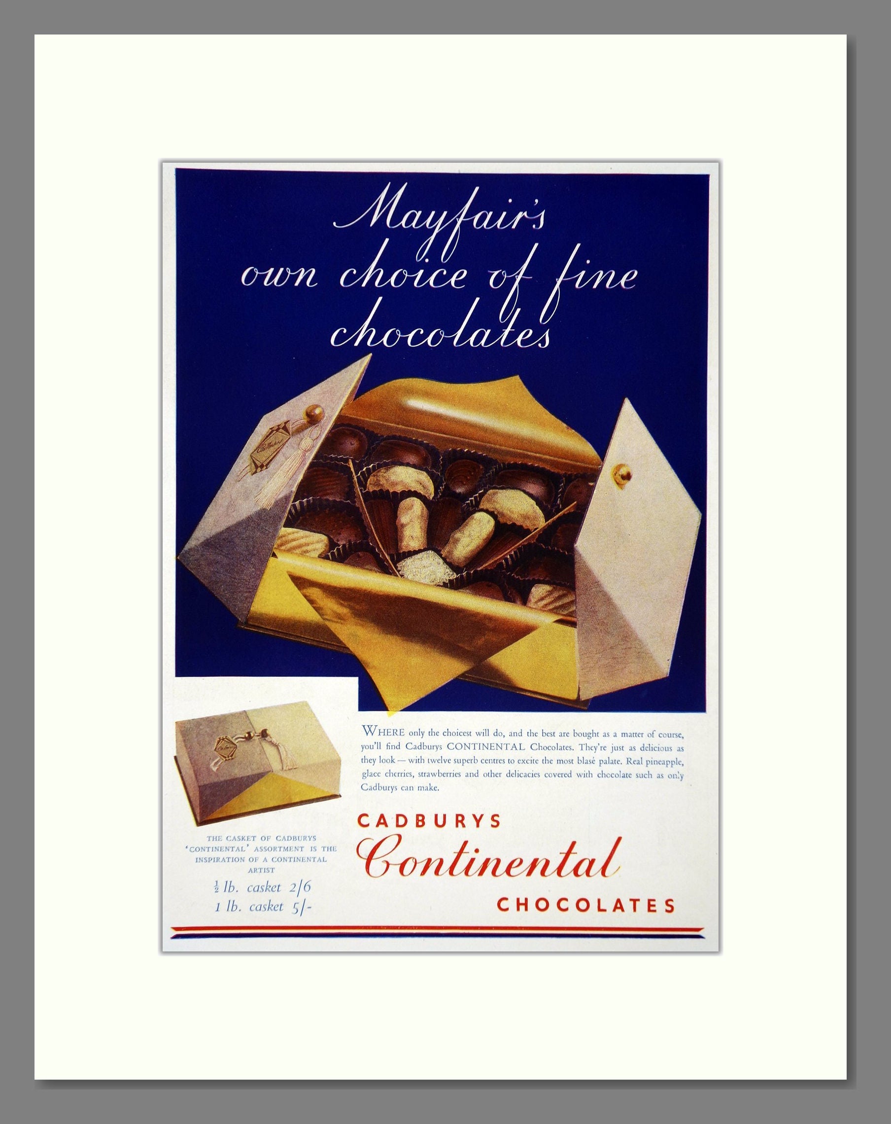 Cadbury's - Continental Chocolates. Vintage Advert 1938 (ref AD66982)
