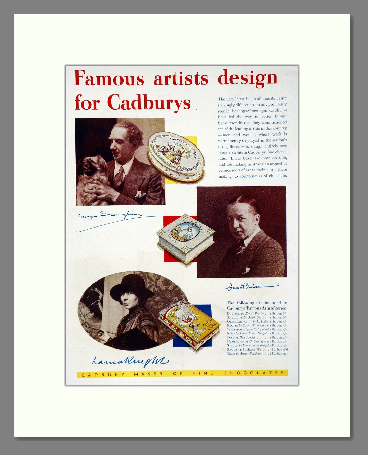 Cadbury's - Famous Artists. Vintage Advert 1933 (ref AD66983)