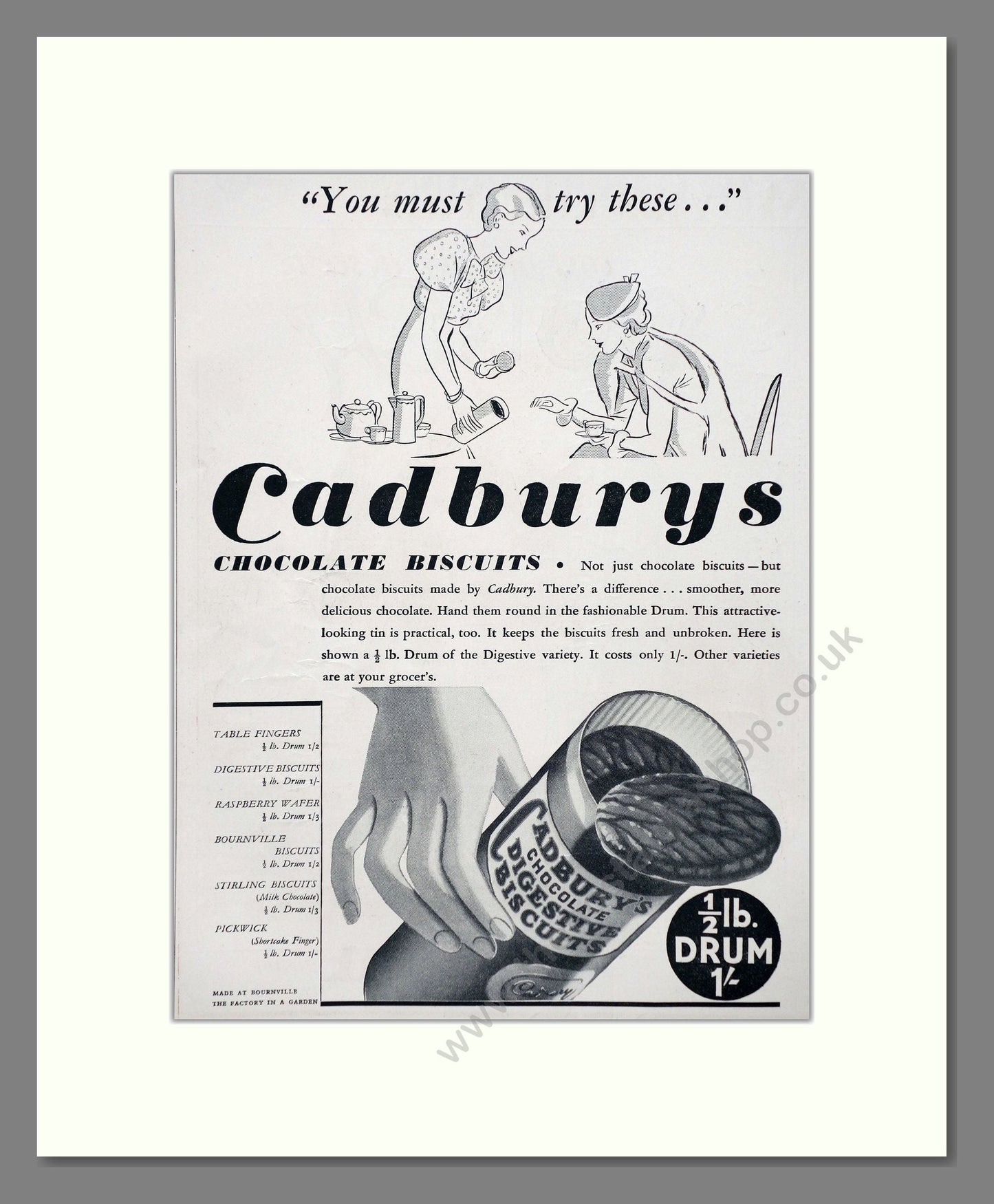 Cadbury's - Chocolate Biscuits. Vintage Advert 1934 (ref AD66985)