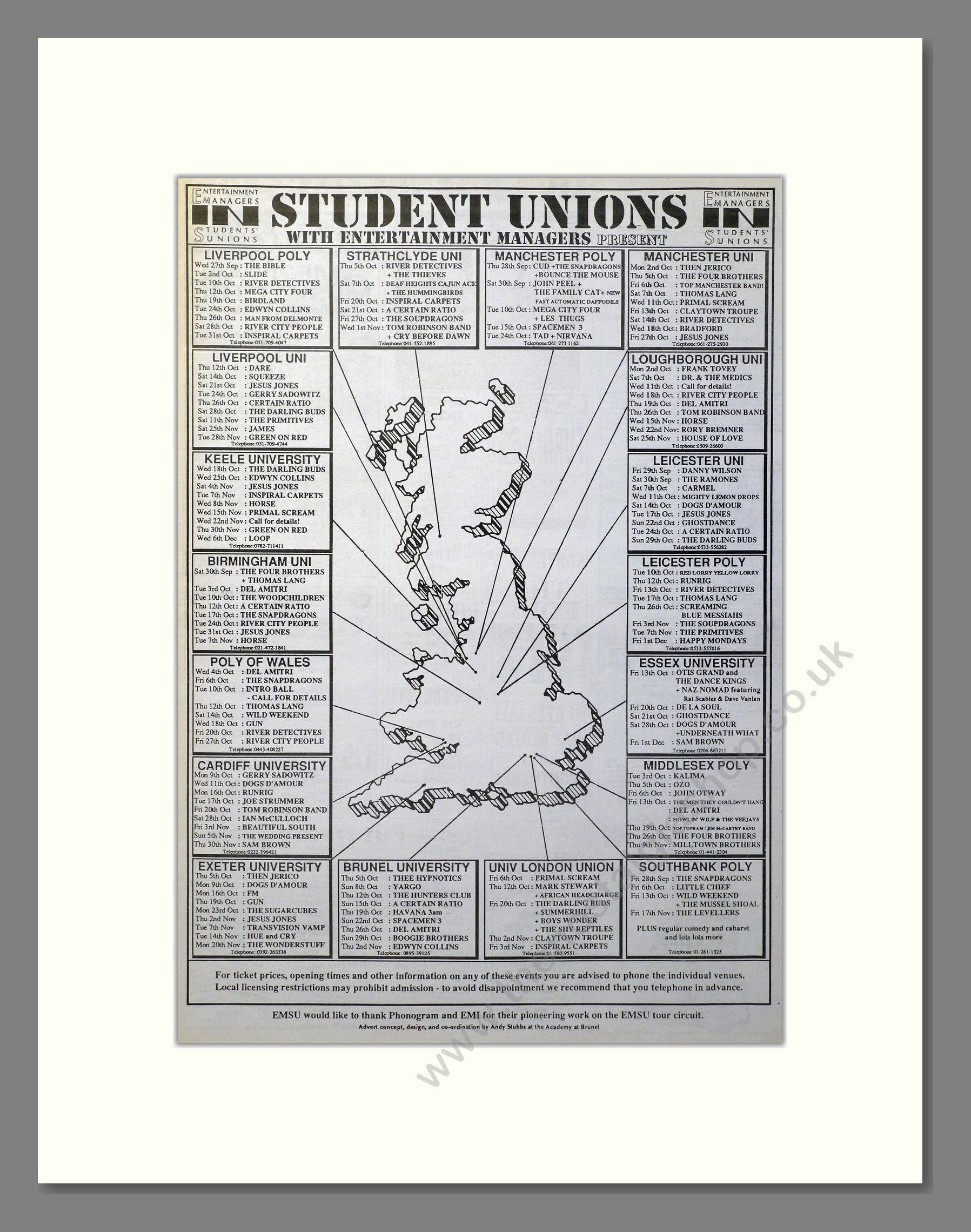 Various Artists - Student Union Gigs . Vintage Advert 1989 (ref AD20887)