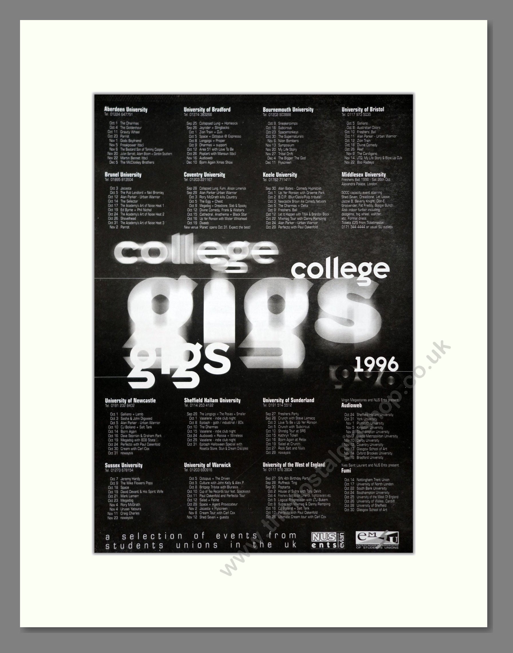 Various Artists - College Gigs 1996. Vintage Advert 1996 (ref AD20892)