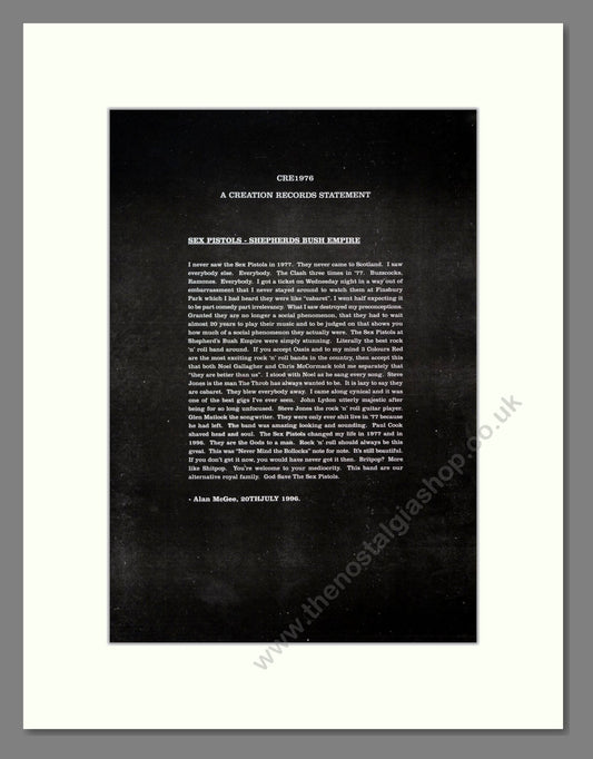 Sex Pistols - Shepherds Bush Empire Statement. Vintage Advert 1996 (ref AD20893)