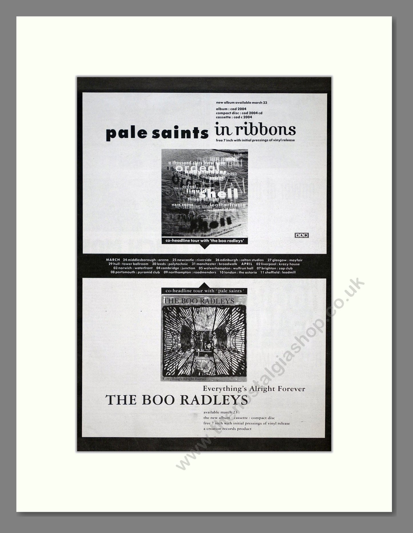 Pale Saints / Boo Radleys (The) - In Ribbons / Everything's Alright Forever. Vintage Advert 1992 (ref AD20924)