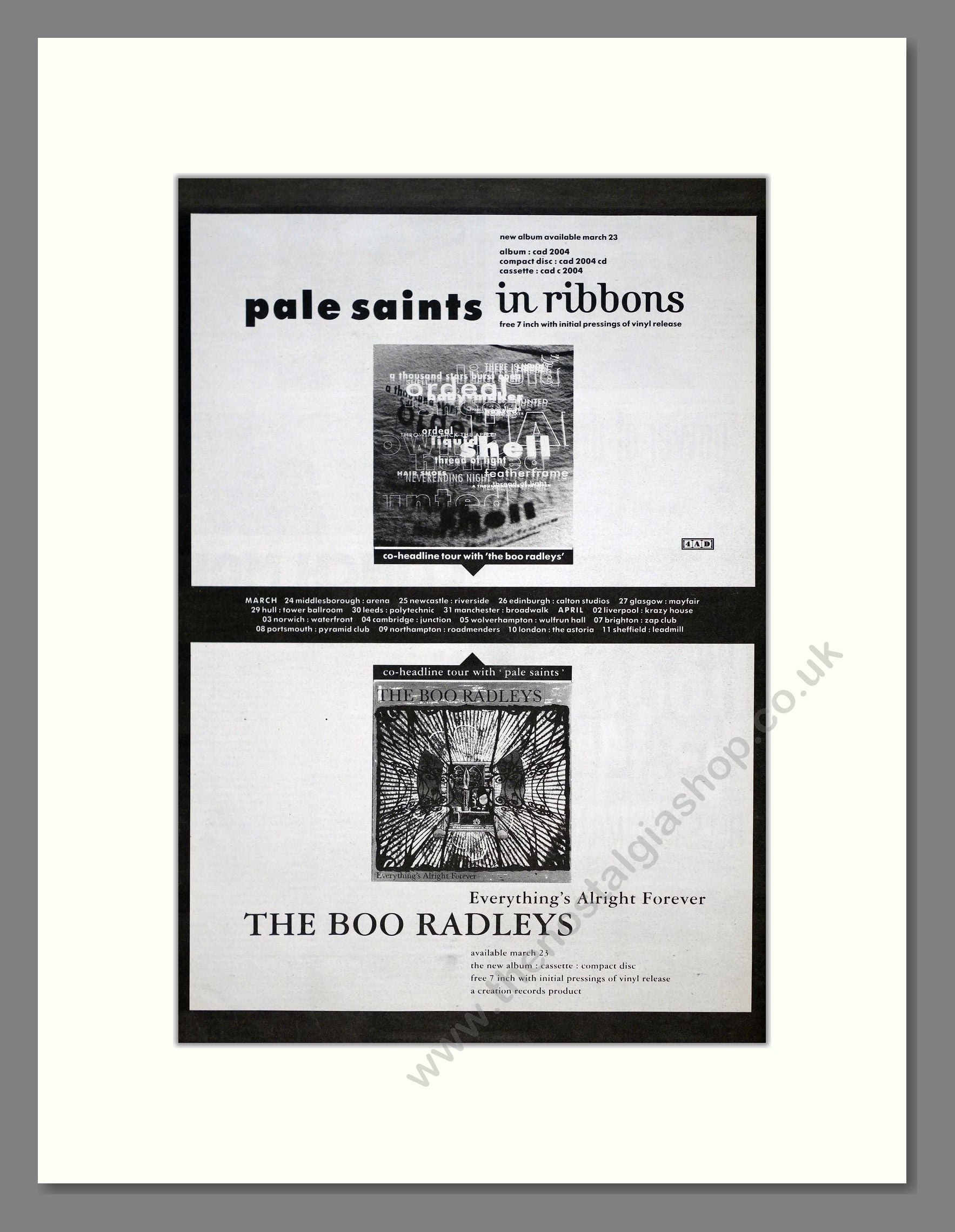Pale Saints / Boo Radleys (The) - In Ribbons / Everything's Alright Forever. Vintage Advert 1992 (ref AD20924)