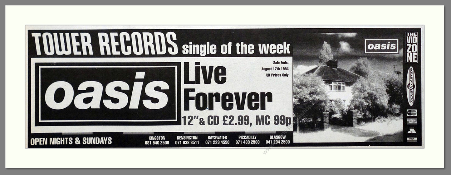 Oasis - Live Forever. Vintage Advert 1994 (ref AD20956)