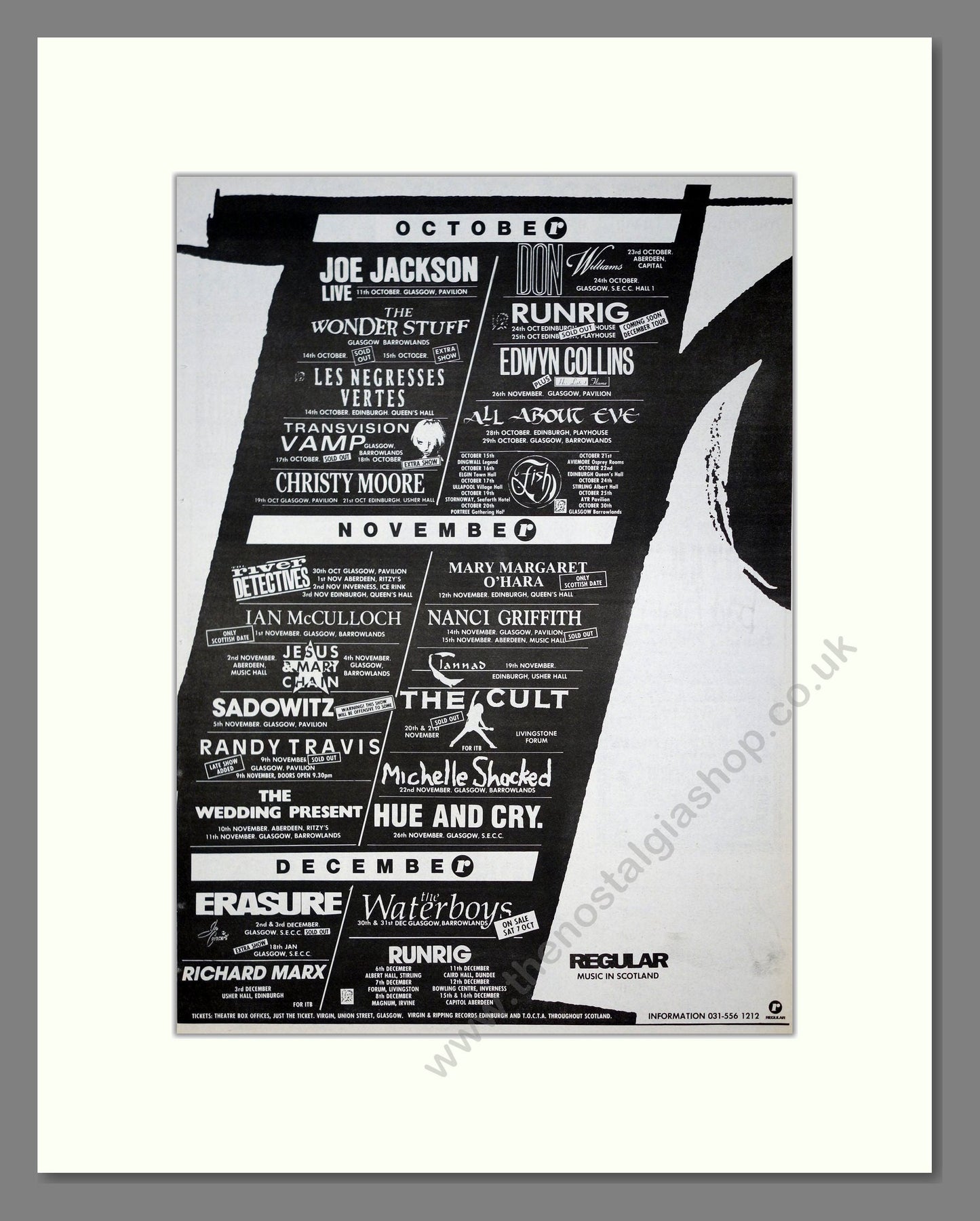 Various Artists - UK Gigs / The Cult / Erasure / Edwyn Collins. Vintage Advert 1989 (ref AD20964)