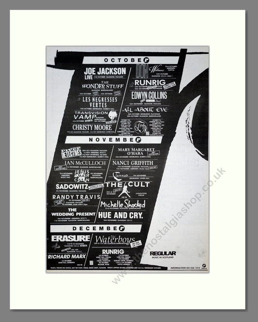 Various Artists - UK Gigs / The Cult / Erasure / Edwyn Collins. Vintage Advert 1989 (ref AD20964)