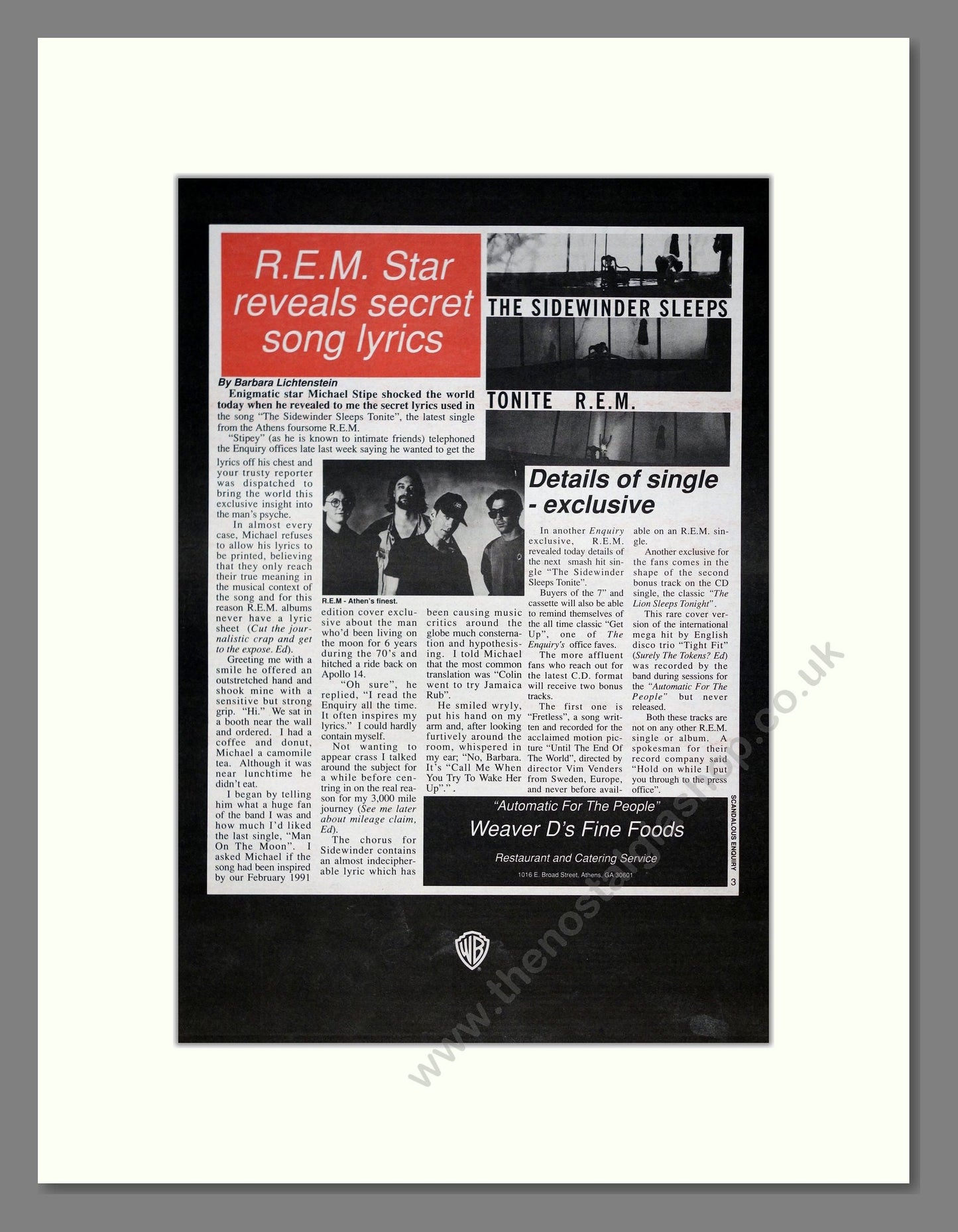 R.E.M. - Sidewinder Sleeps. Vintage Advert 1993 (ref AD20968)