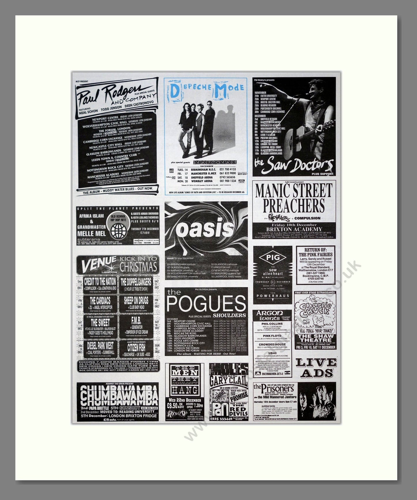 Various Artists - 1990s Gigs / Oasis / Pogues / Manic Street Preachers / Depeche Mode. Vintage Advert 1993 (ref AD20974)
