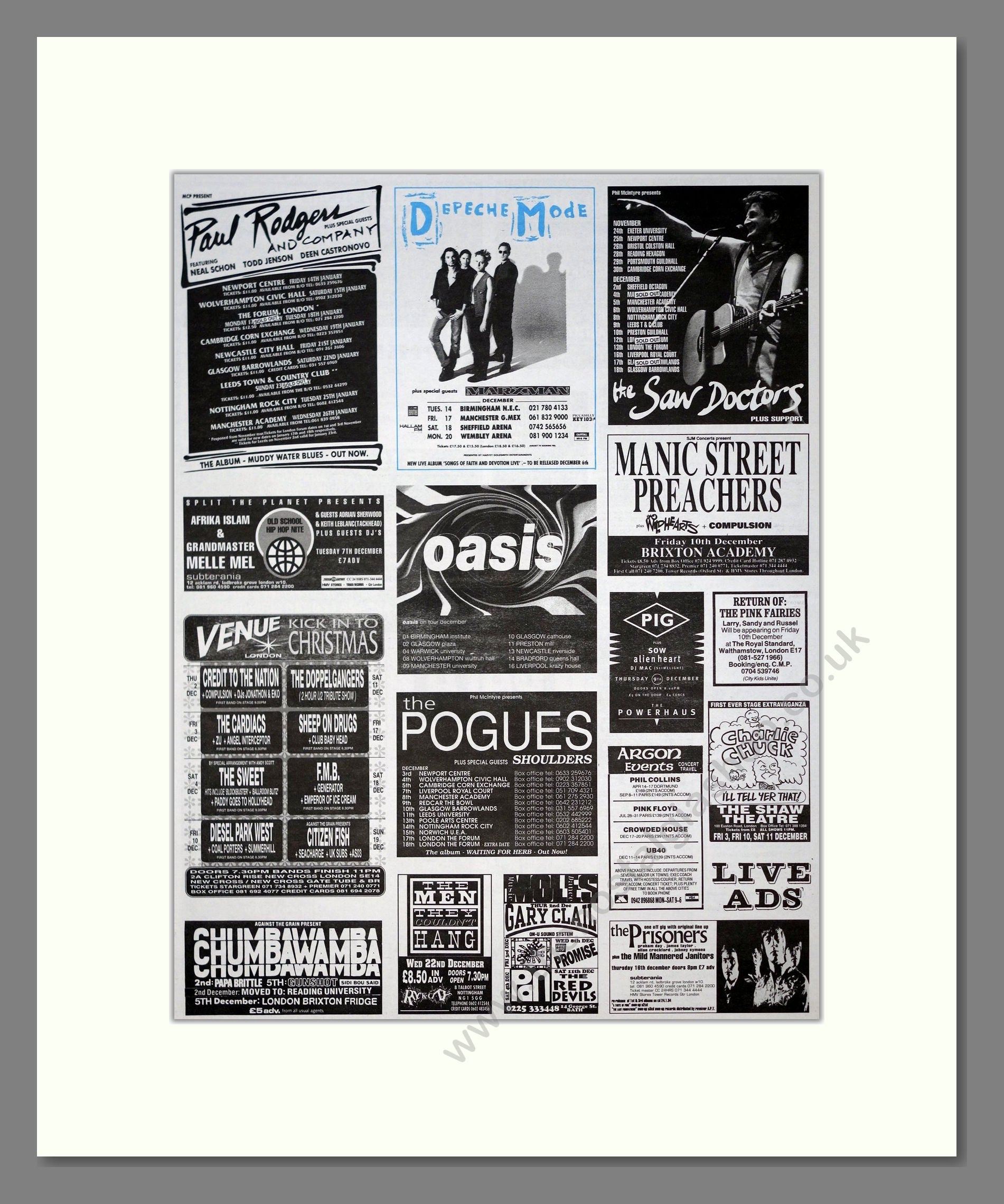 Various Artists - 1990s Gigs / Oasis / Pogues / Manic Street Preachers / Depeche Mode. Vintage Advert 1993 (ref AD20974)