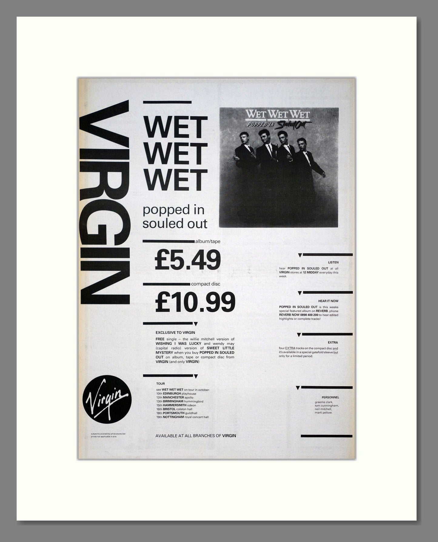 Wet Wet Wet - Popped In Souled Out. Vintage Advert 1987 (ref AD20987)