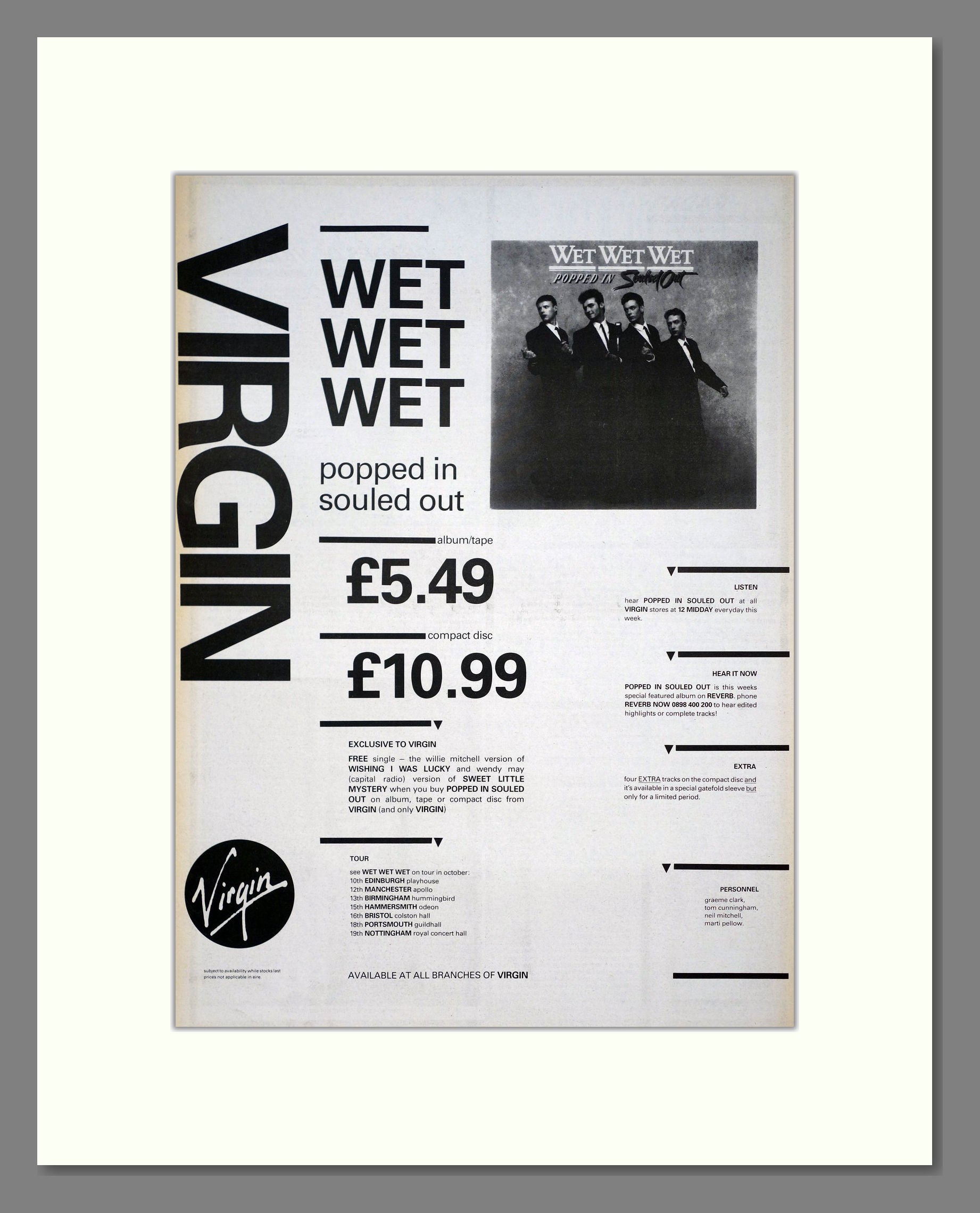 Wet Wet Wet - Popped In Souled Out. Vintage Advert 1987 (ref AD20987)