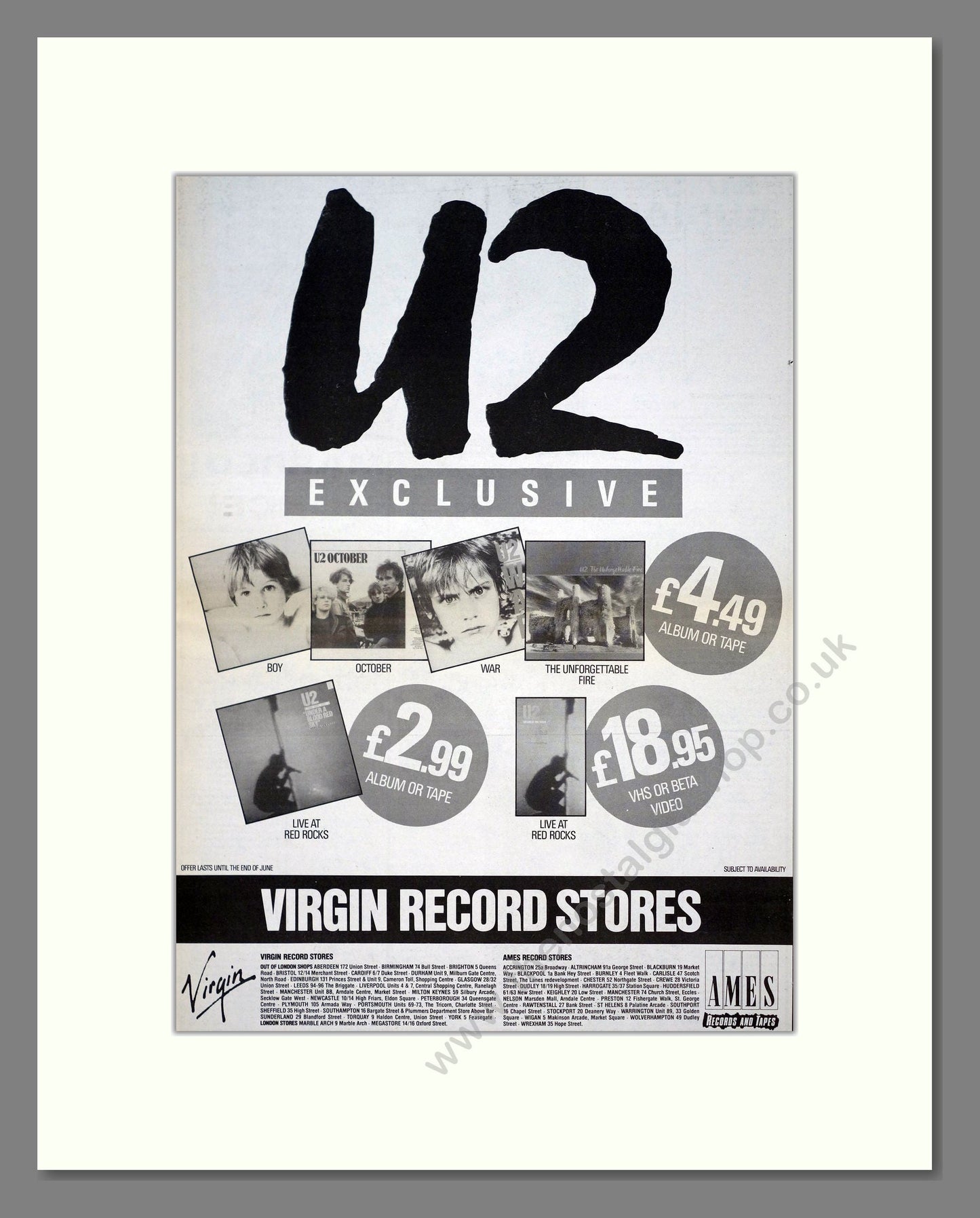 U2 - Various Albums. Vintage Advert 1985 (ref AD20994)