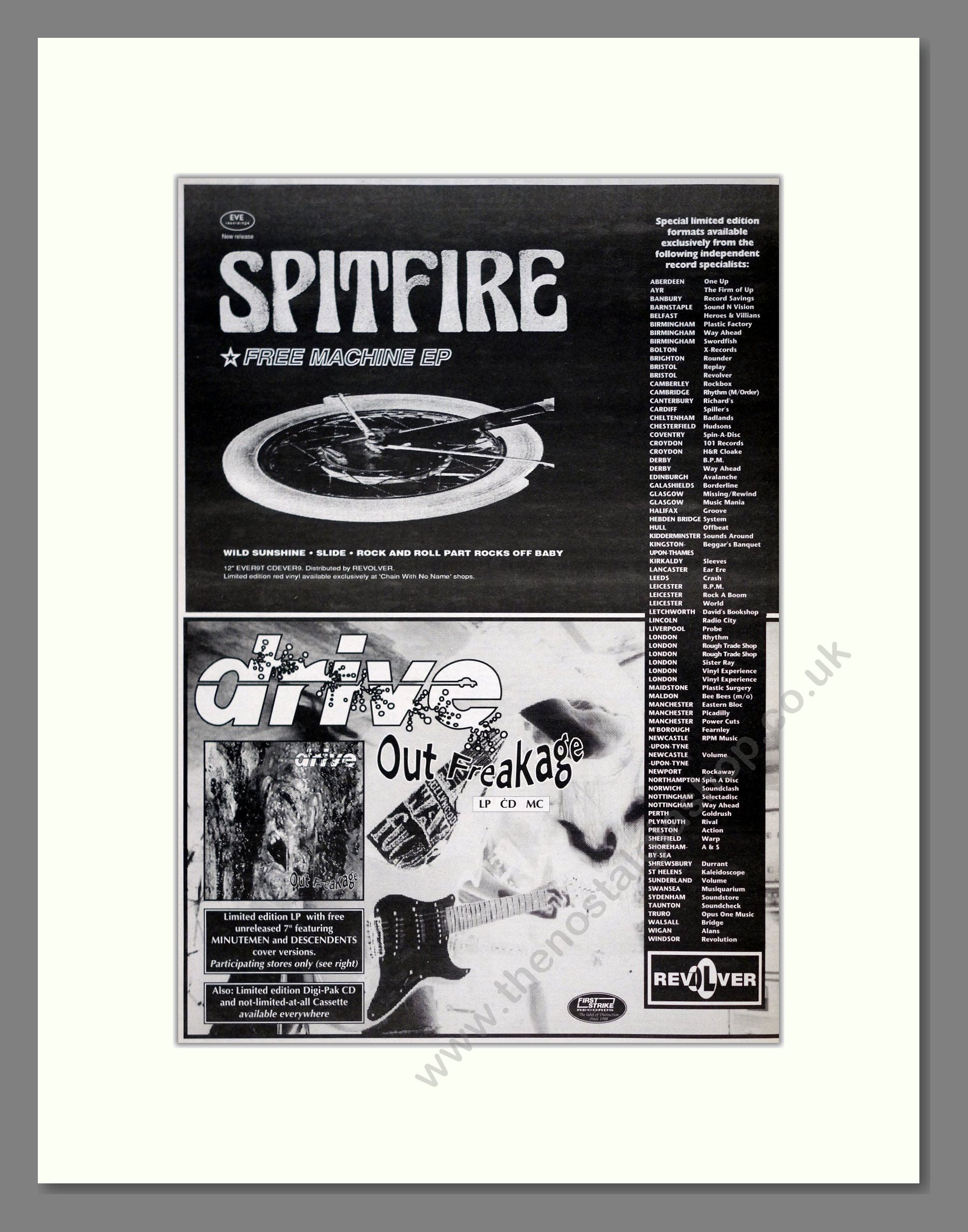 Spitfire / Drive - Free Machine / Out Freakage. Vintage Advert 1992 (ref AD20998)