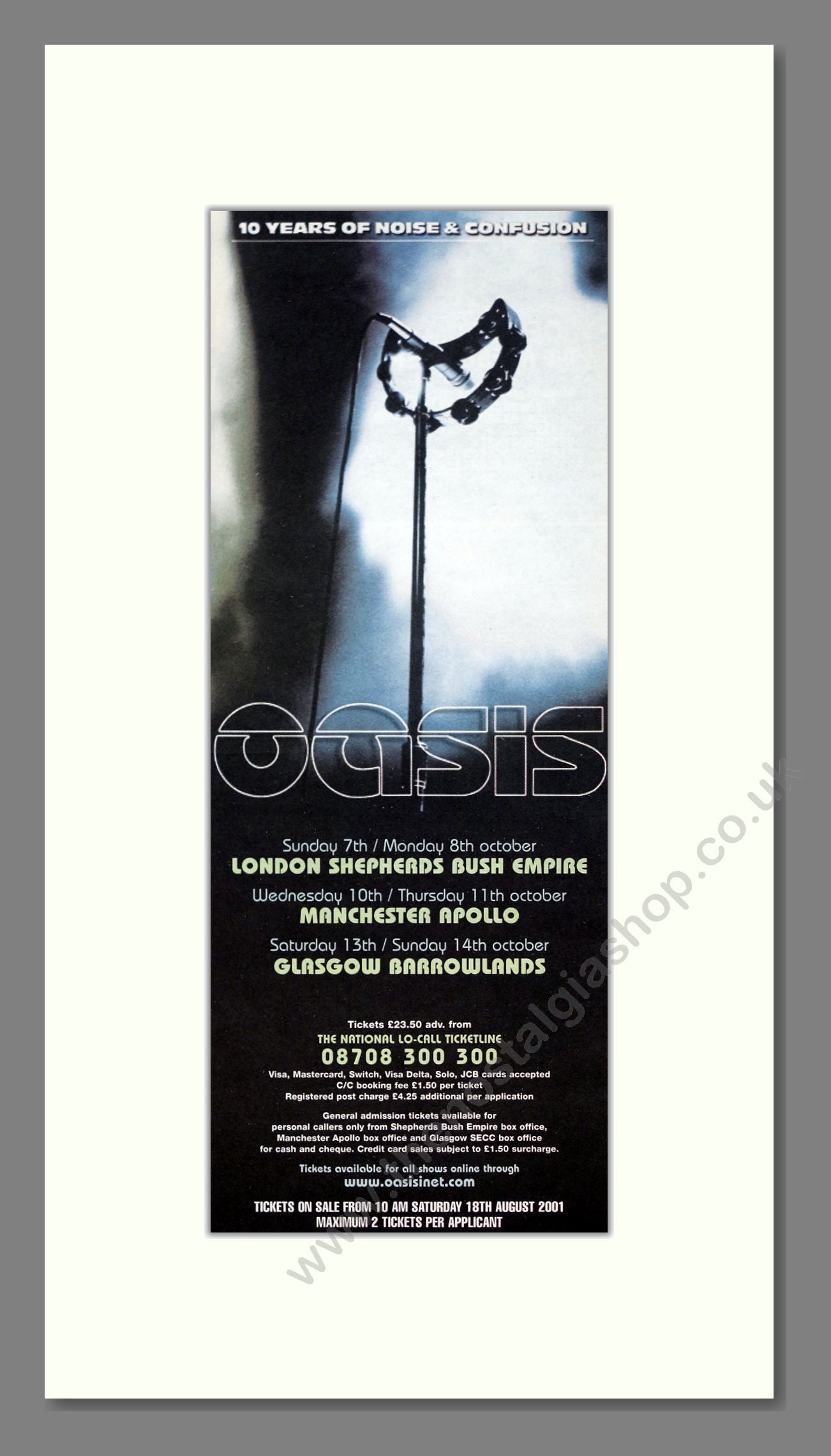 Oasis - UK Tour. Vintage Advert 2001 (ref AD201589)