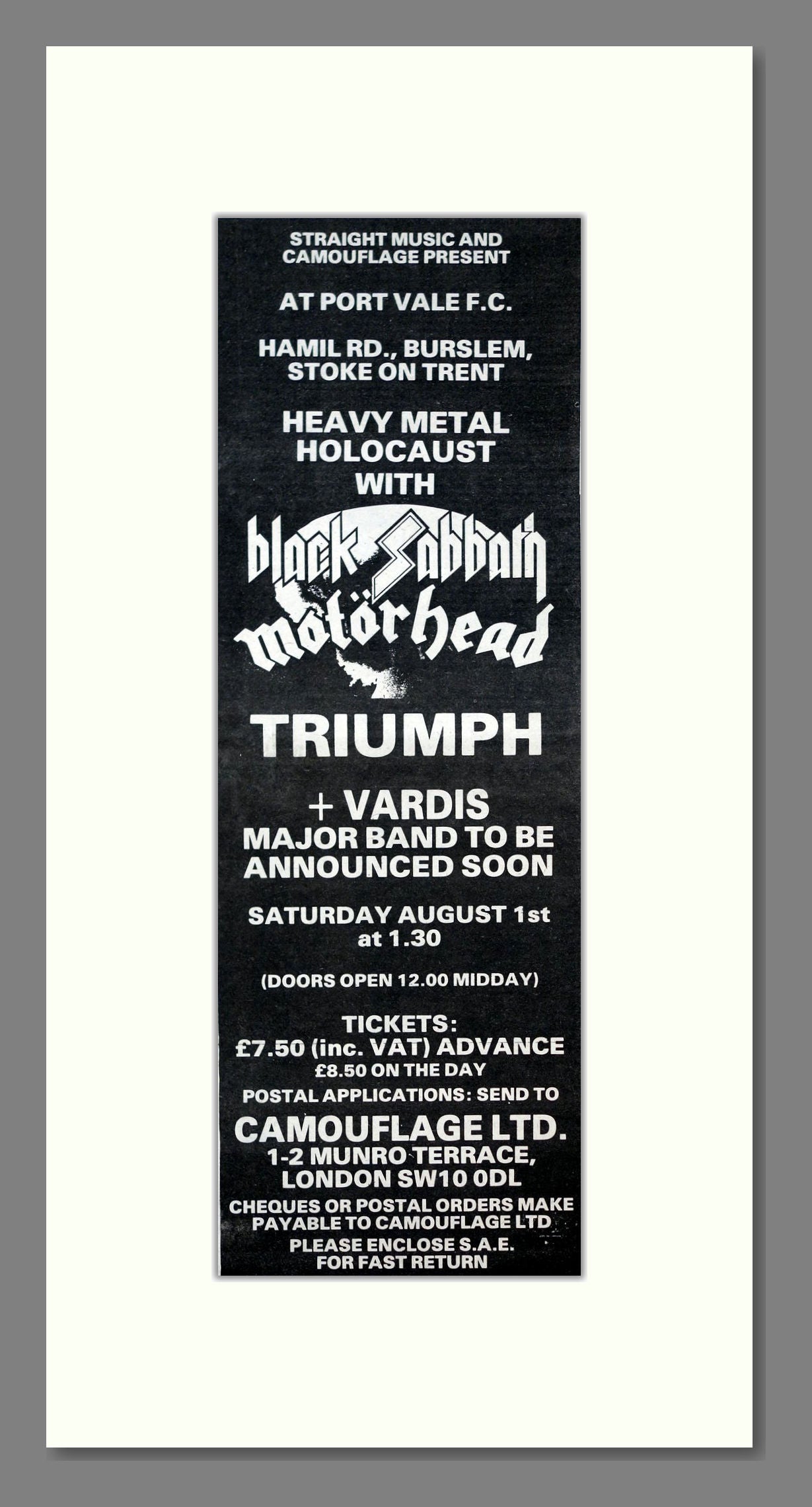 Various Artists - Heavy Metal Holocaust At Port Vale F.C. Black Sabbath / Motorhead. Vintage Advert 1981 (ref AD201590)