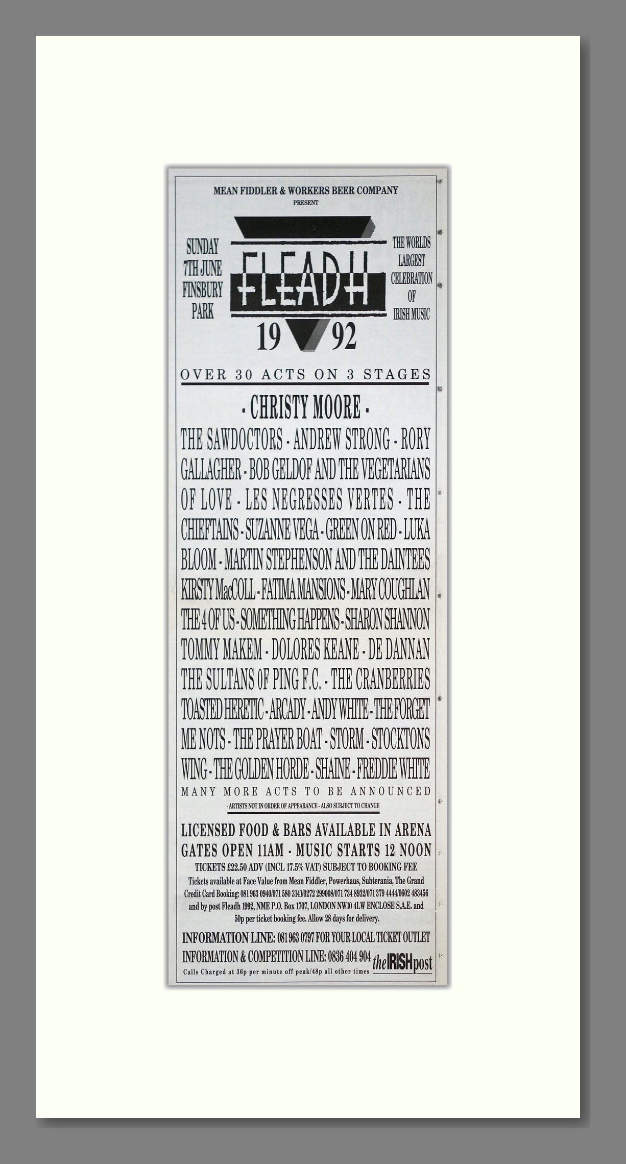 Fleadh Festival - Line Up. Vintage Advert 1992 (ref AD201593)