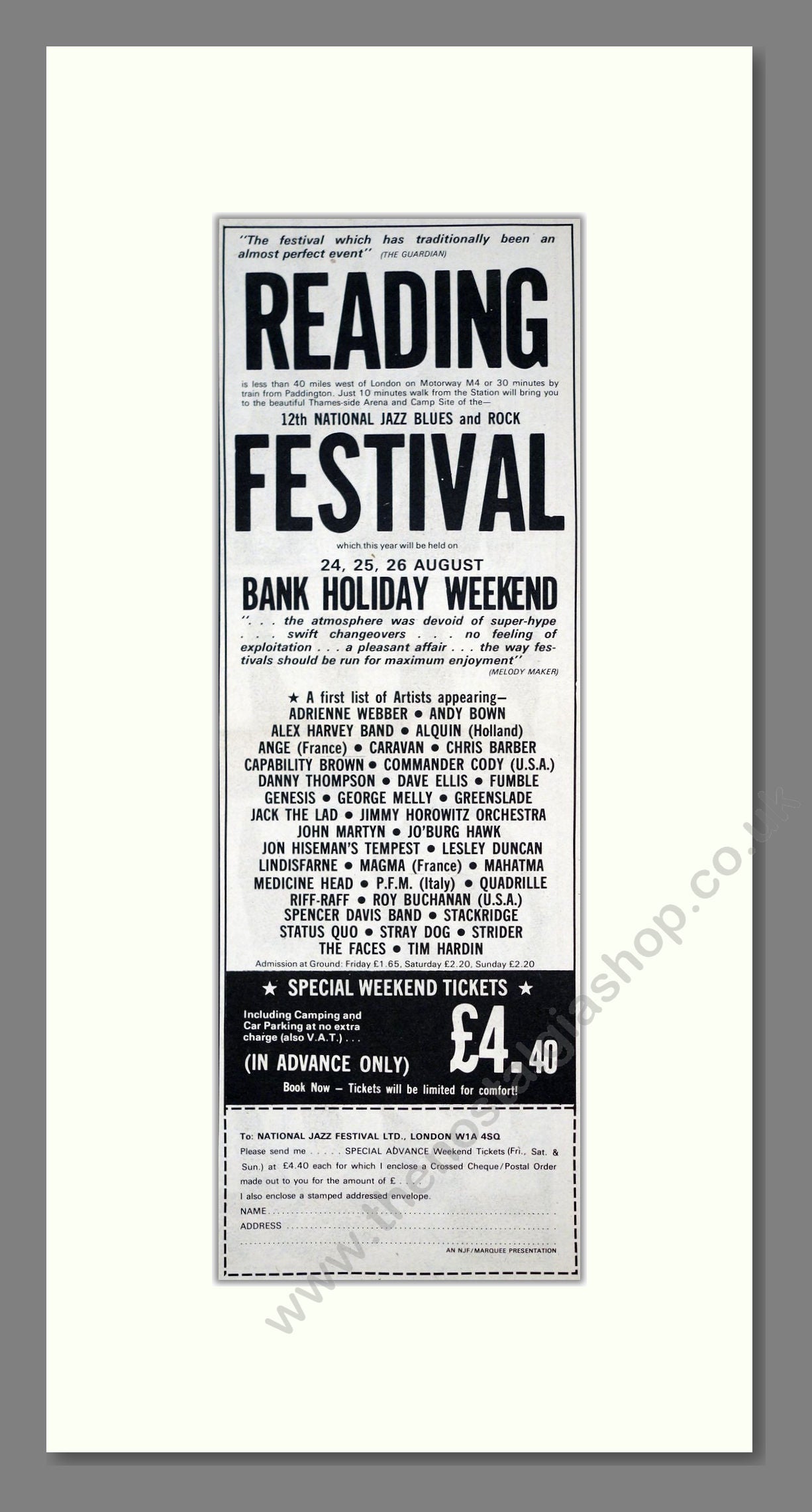 Reading Festival - Line Up. Vintage Advert 1973 (ref AD201596)