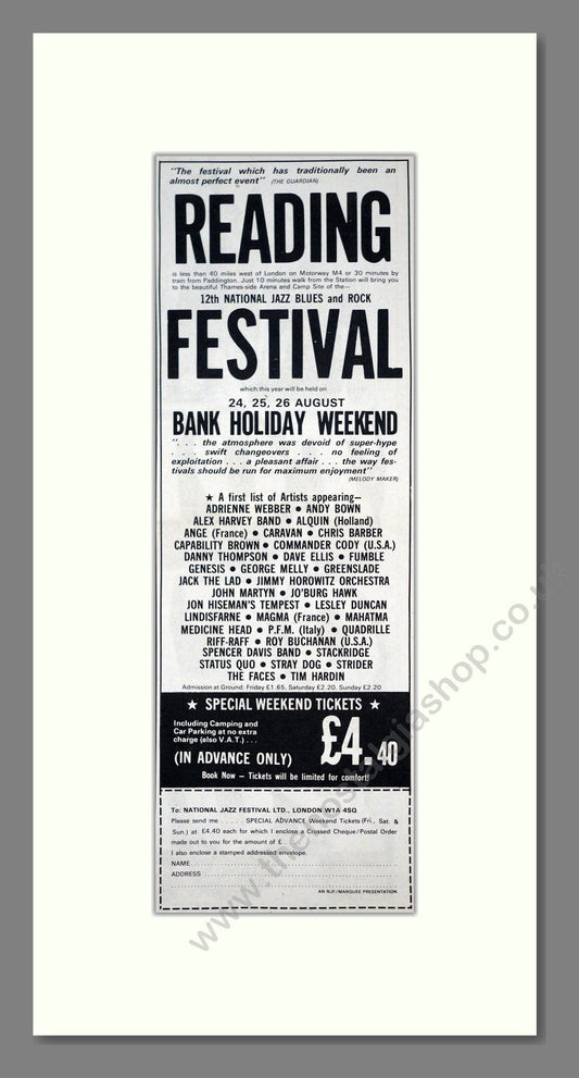 Reading Festival - Line Up. Vintage Advert 1973 (ref AD201596)