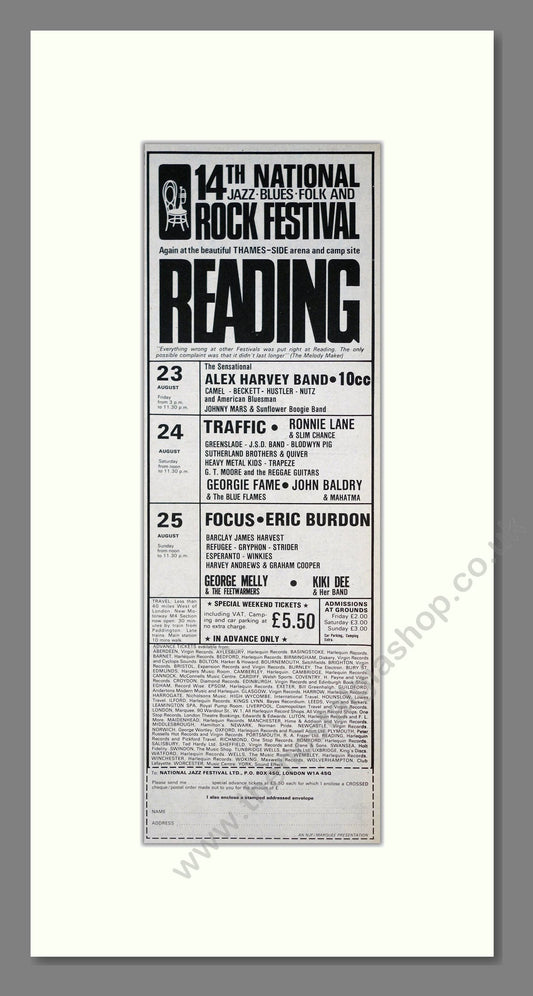 Reading Festival - Line Up. Vintage Advert 1974 (ref AD201598)
