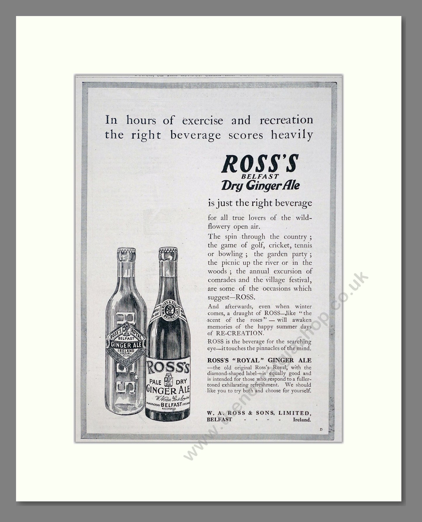 Ross's - Belfast Ginger Ale. Vintage Advert 1920 (ref AD67078)