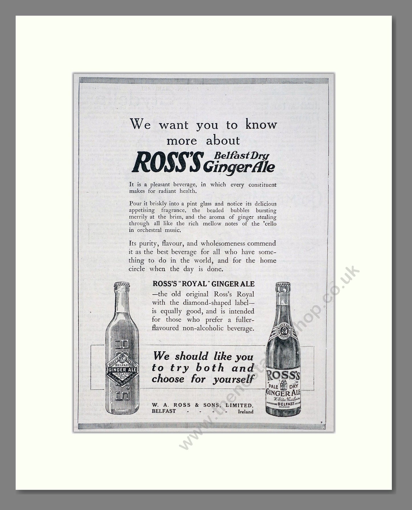 Ross's - Belfast Ginger Ale. Vintage Advert 1920 (ref AD67079)