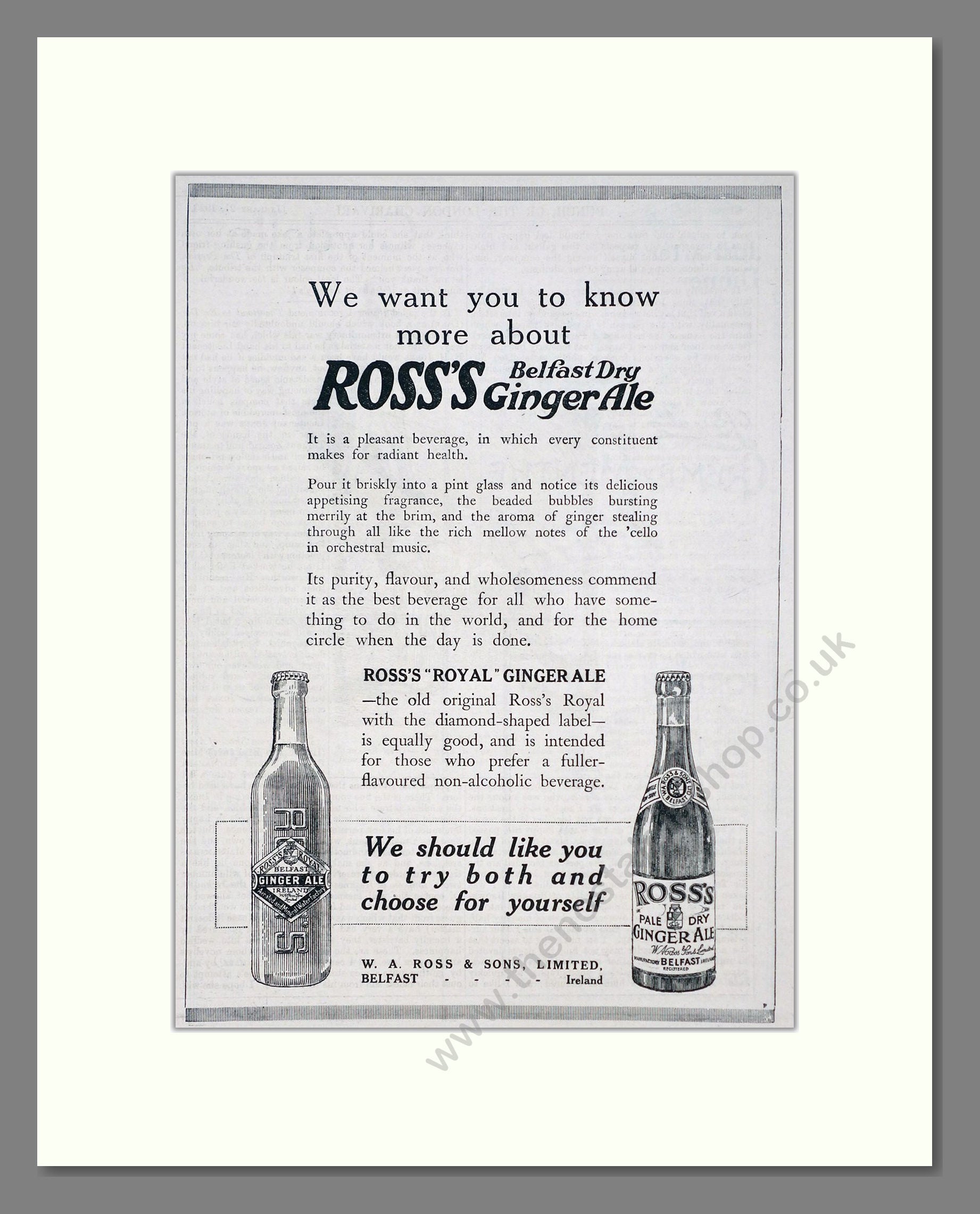 Ross's - Belfast Ginger Ale. Vintage Advert 1920 (ref AD67079)