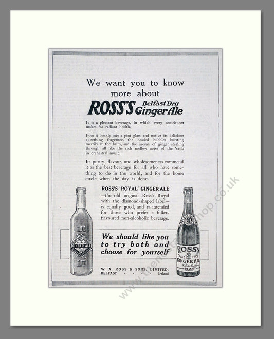 Ross's - Belfast Ginger Ale. Vintage Advert 1920 (ref AD67079)