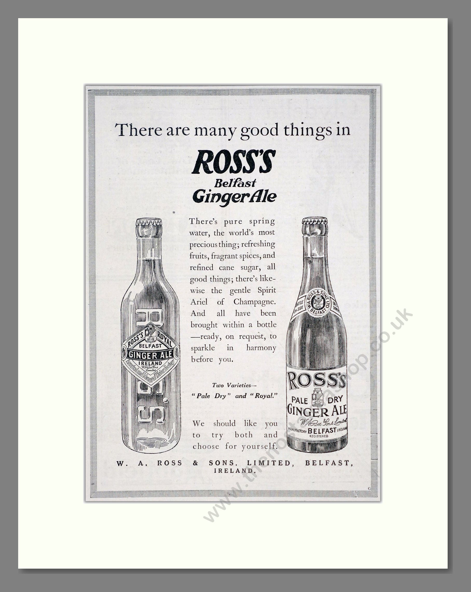 Ross's - Belfast Ginger Ale. Vintage Advert 1920 (ref AD67080)
