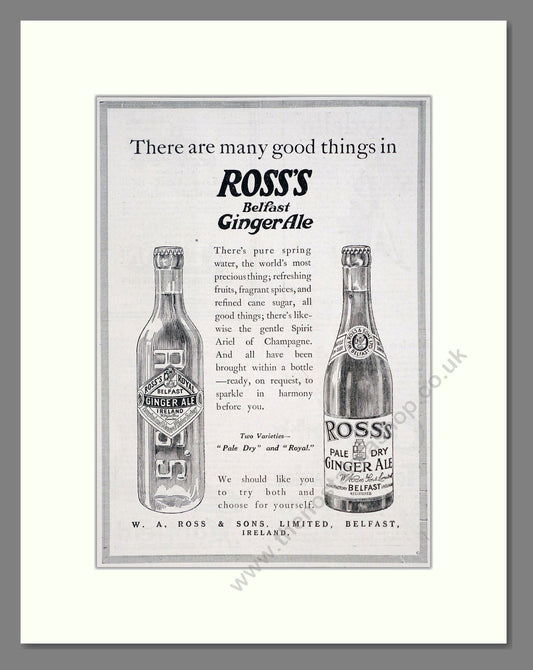 Ross's - Belfast Ginger Ale. Vintage Advert 1920 (ref AD67080)