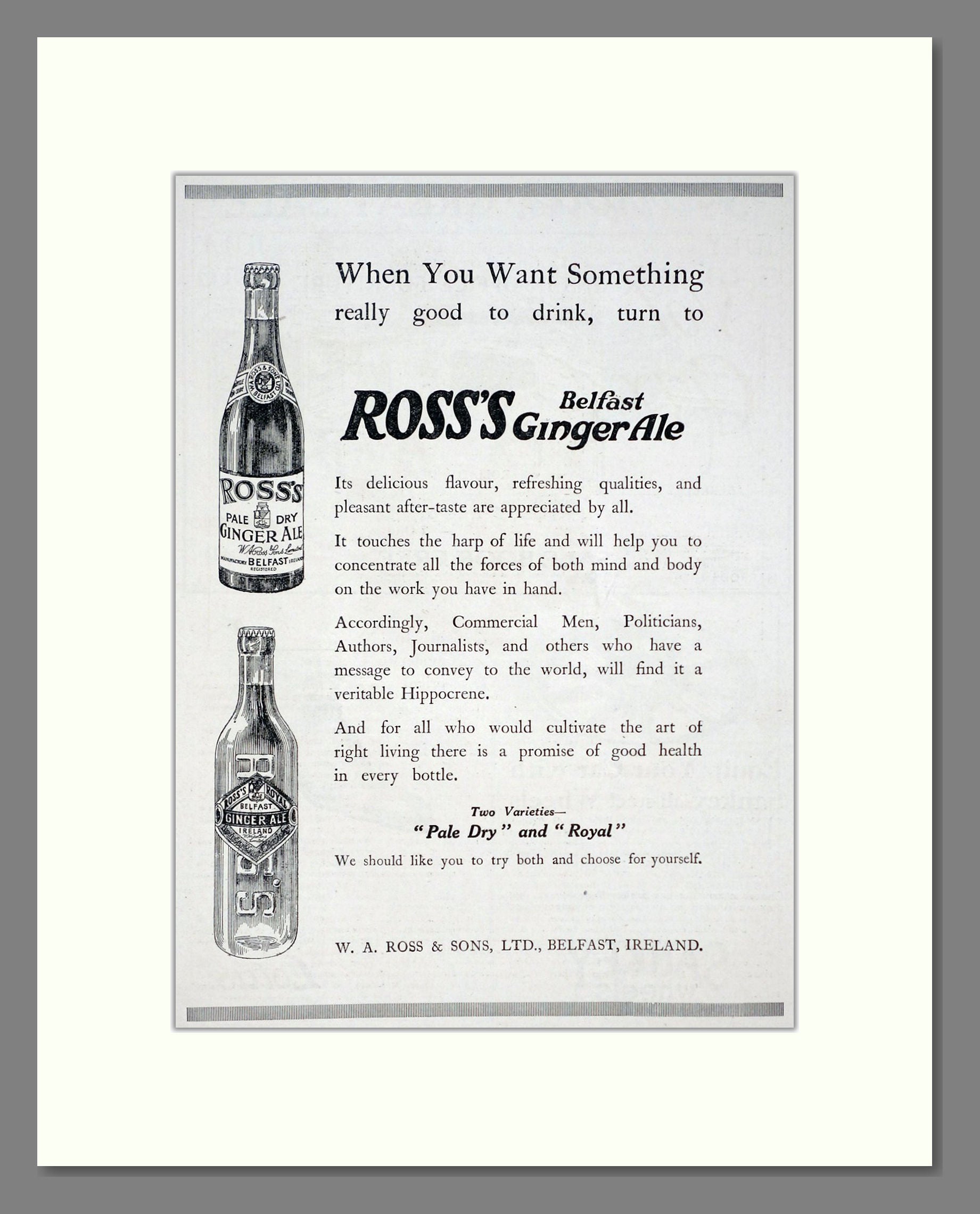 Ross's - Belfast Ginger Ale. Vintage Advert 1920 (ref AD67082)