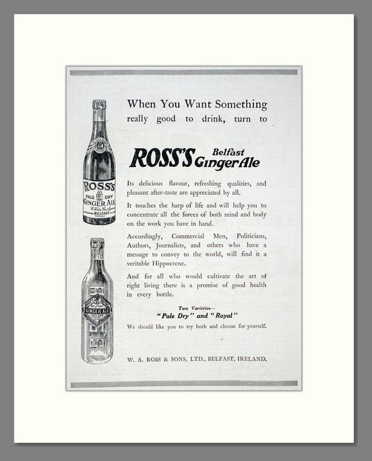 Ross's - Belfast Ginger Ale. Vintage Advert 1920 (ref AD67082)