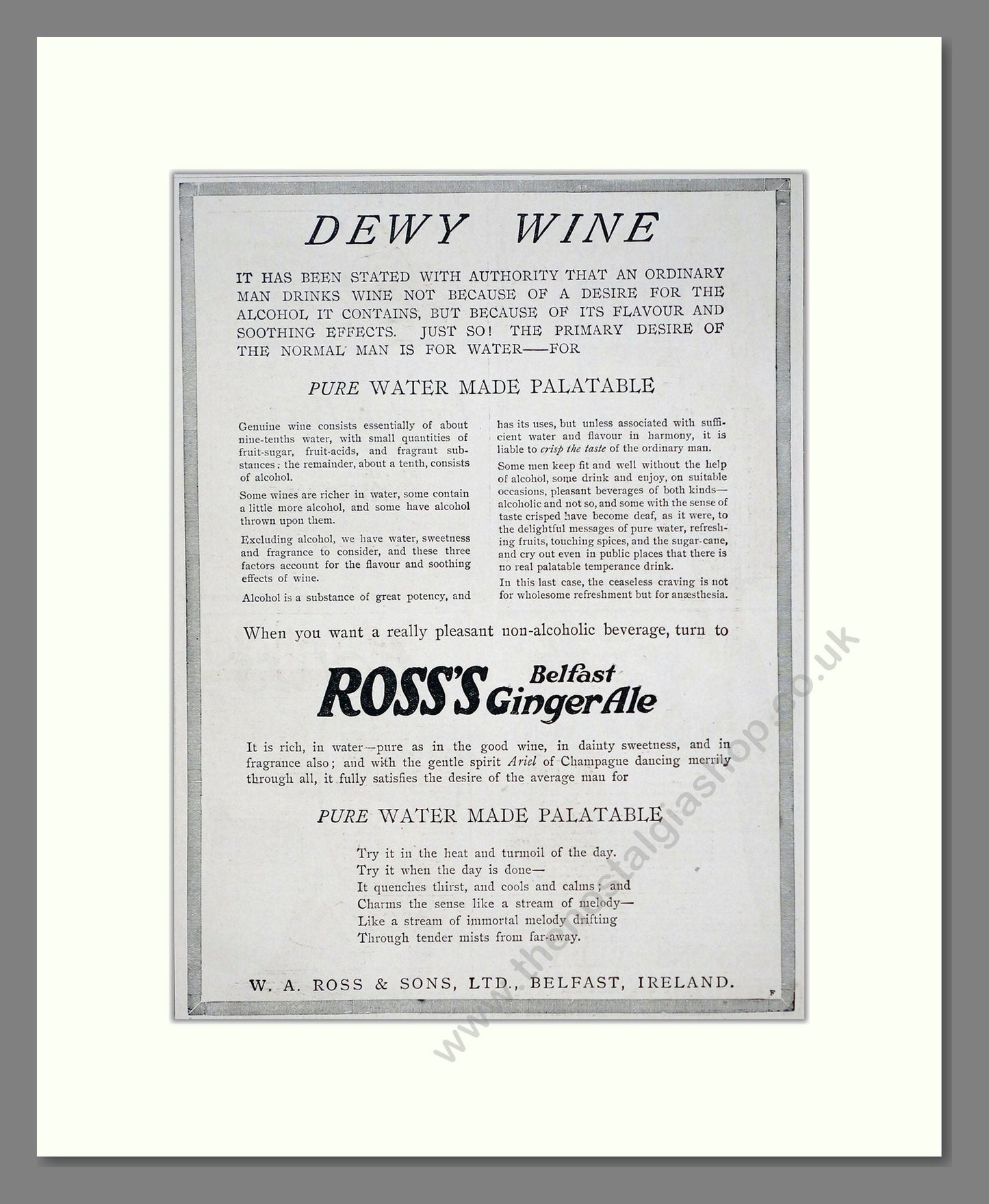 Ross's - Belfast Ginger Ale. Vintage Advert 1919 (ref AD67086)