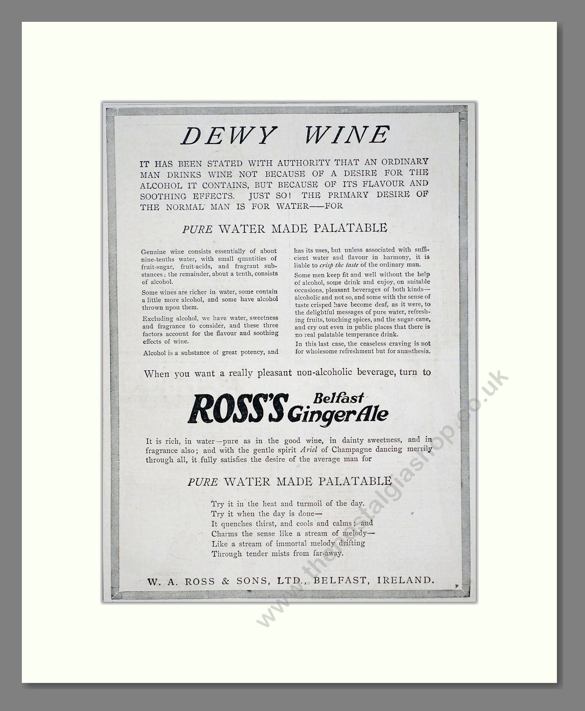Ross's - Belfast Ginger Ale. Vintage Advert 1919 (ref AD67086)
