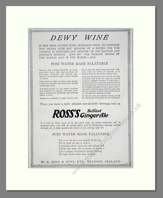 Ross's - Belfast Ginger Ale. Vintage Advert 1919 (ref AD67086)