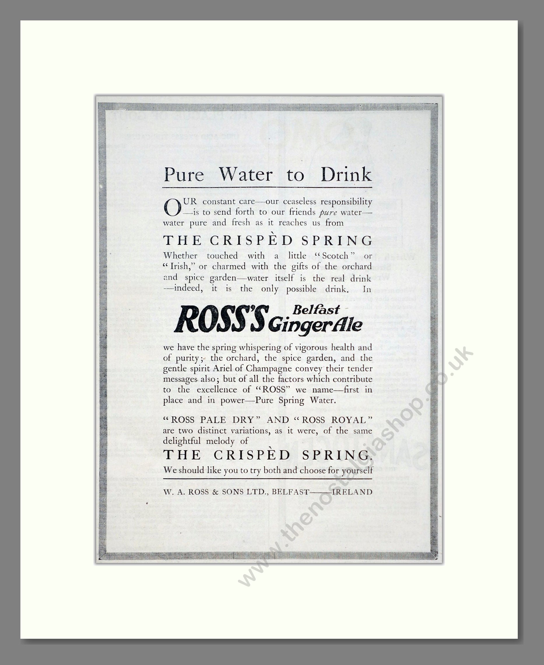 Ross's - Belfast Ginger Ale. Vintage Advert 1919 (ref AD67087)