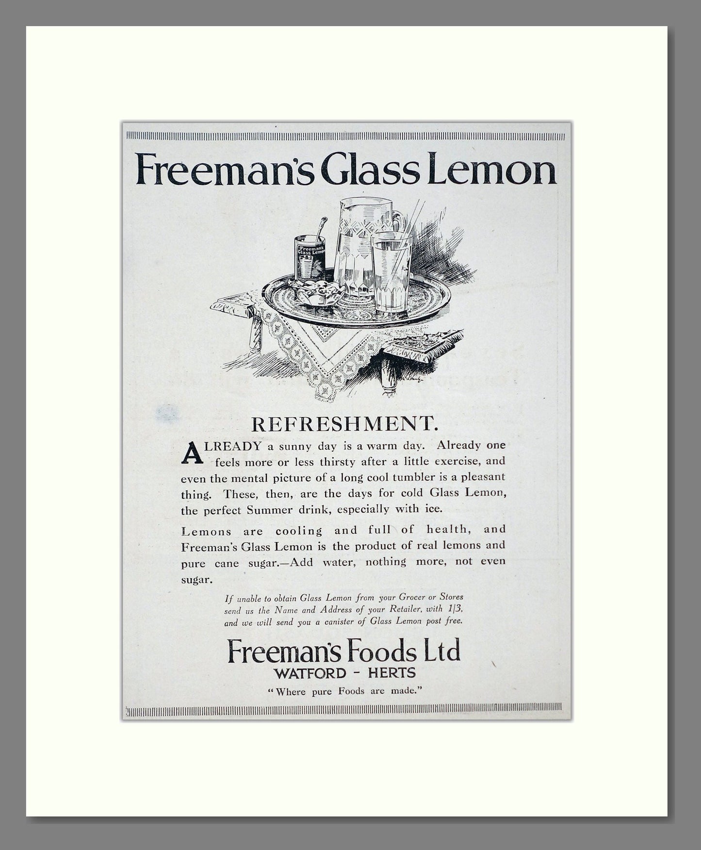 Freeman's - Glass Lemon Lemonade. Vintage Advert 1920 (ref AD67110)