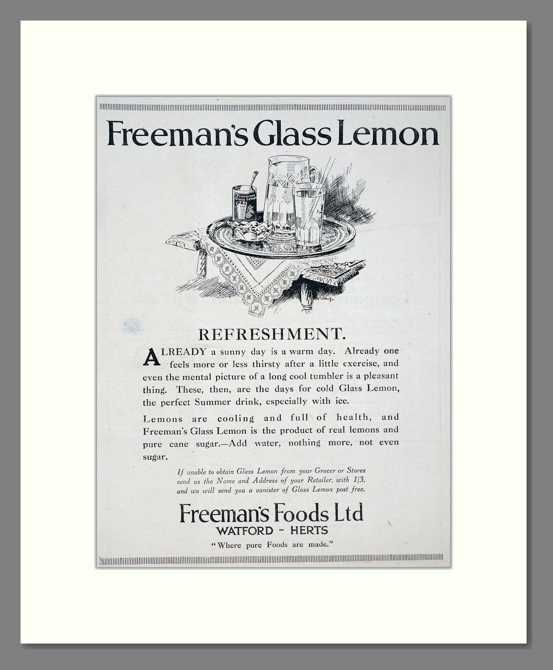 Freeman's - Glass Lemon Lemonade. Vintage Advert 1920 (ref AD67110)