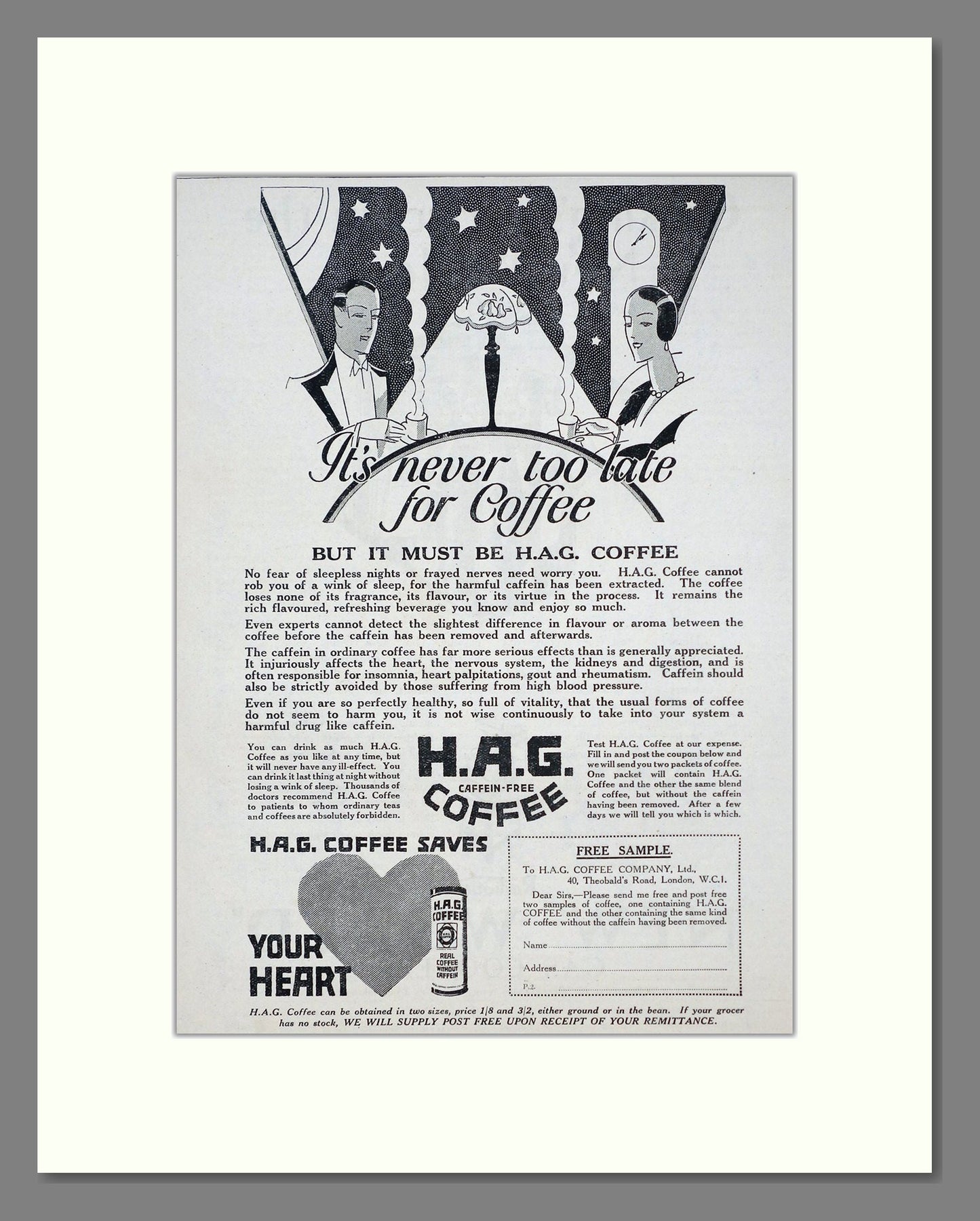 H.A.G - Caffein Free Coffee. Vintage Advert 1927 (ref AD67114)