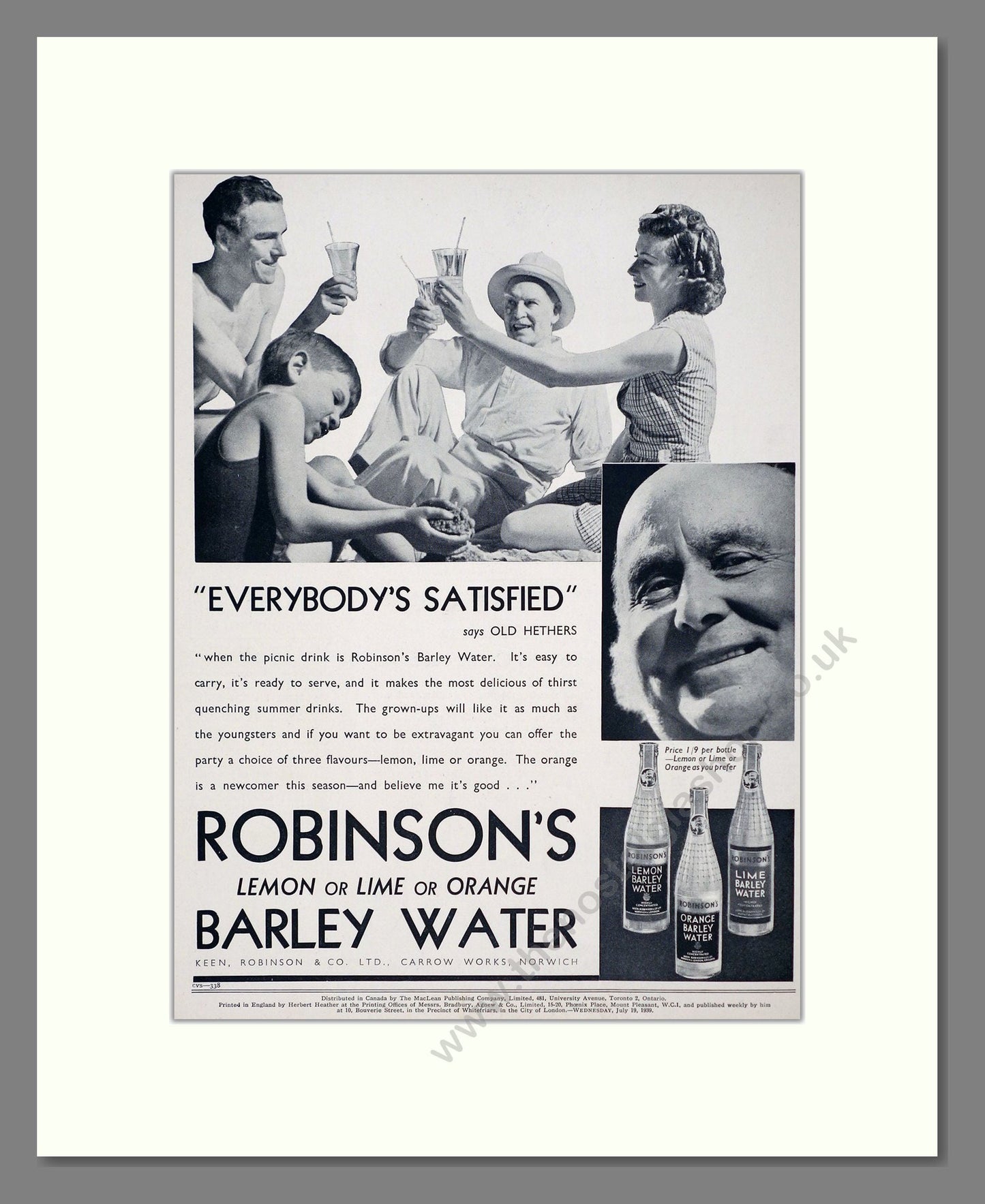 Robinson's - Barley Water. Vintage Advert 1939 (ref AD67115)