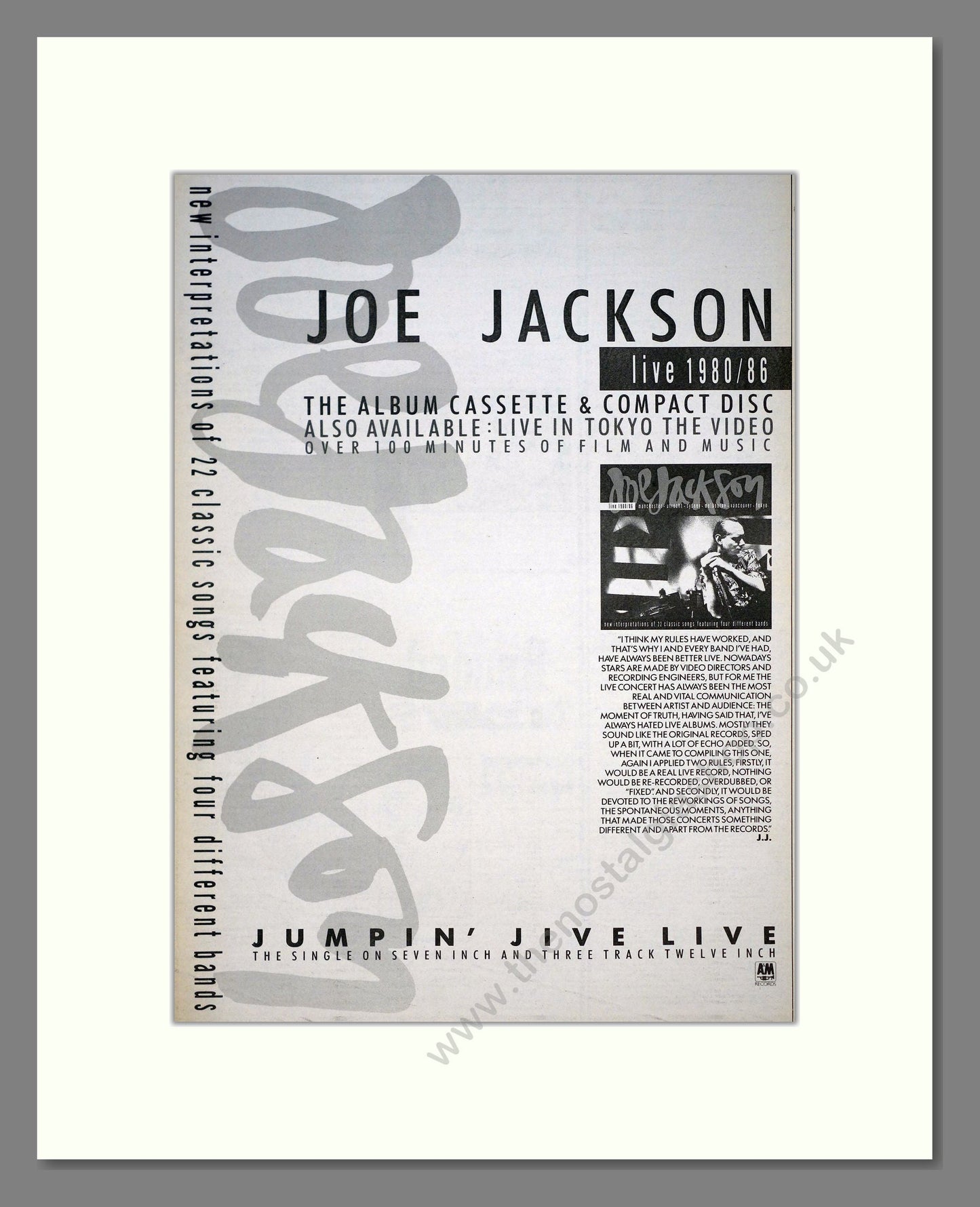 Joe Jackson - Jumpin Jive Live. Vintage Advert 1988 (ref AD21025)