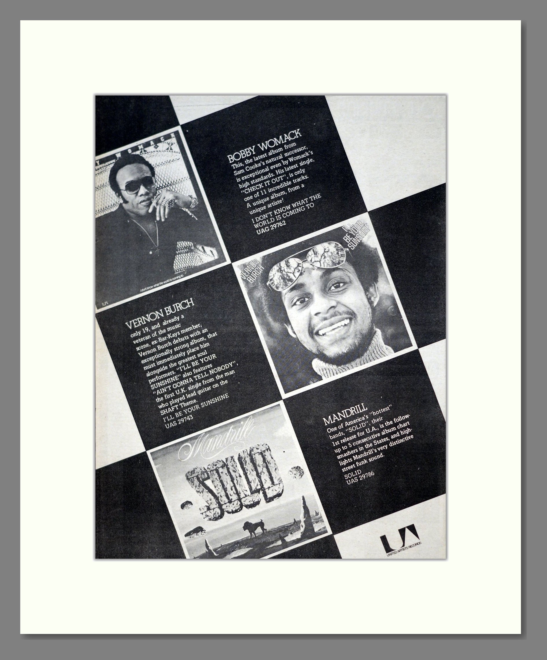 Bobby Womack / Vernon Burch / Mandrill - Various Albums. Vintage Advert 1975 (ref AD21040)