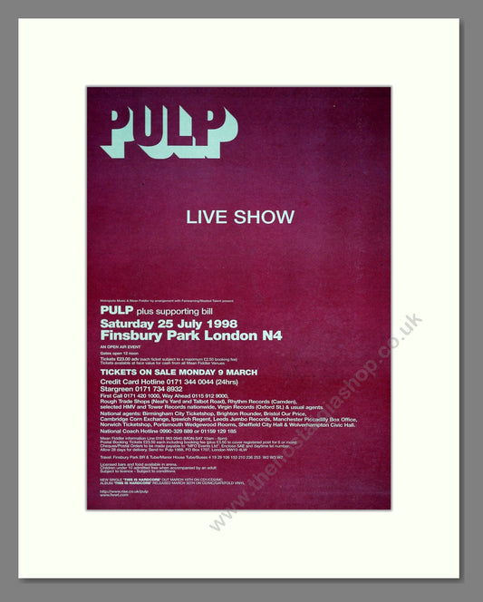 Pulp - Live Show (Finsbury Park). Vintage Advert 1998 (ref AD21096)