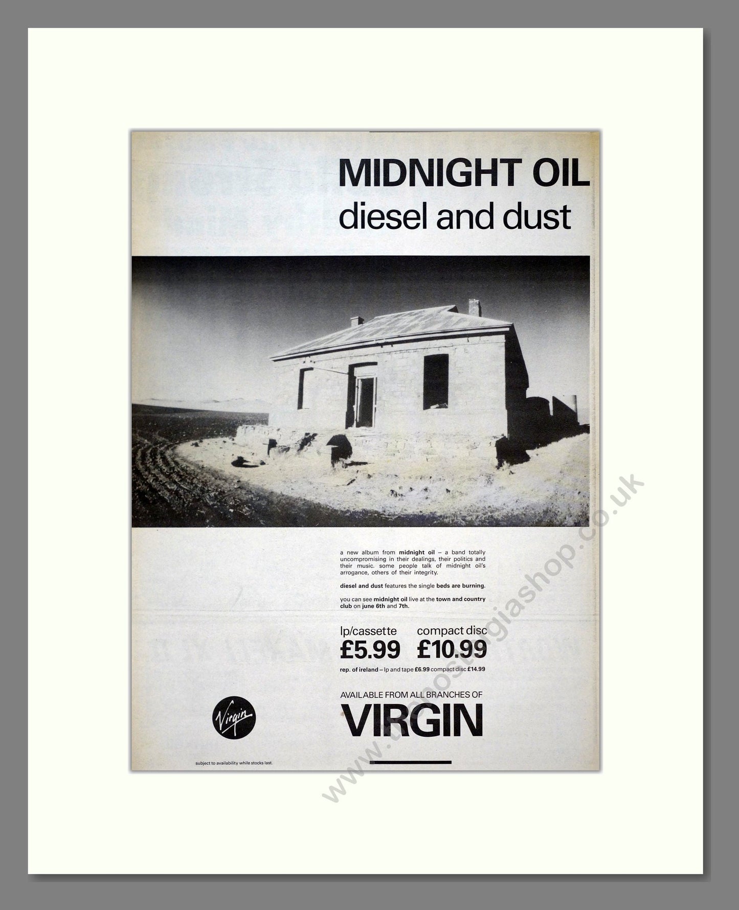 Midnight Oil - Diesel And Dust. Vintage Advert 1988 (ref AD21113)