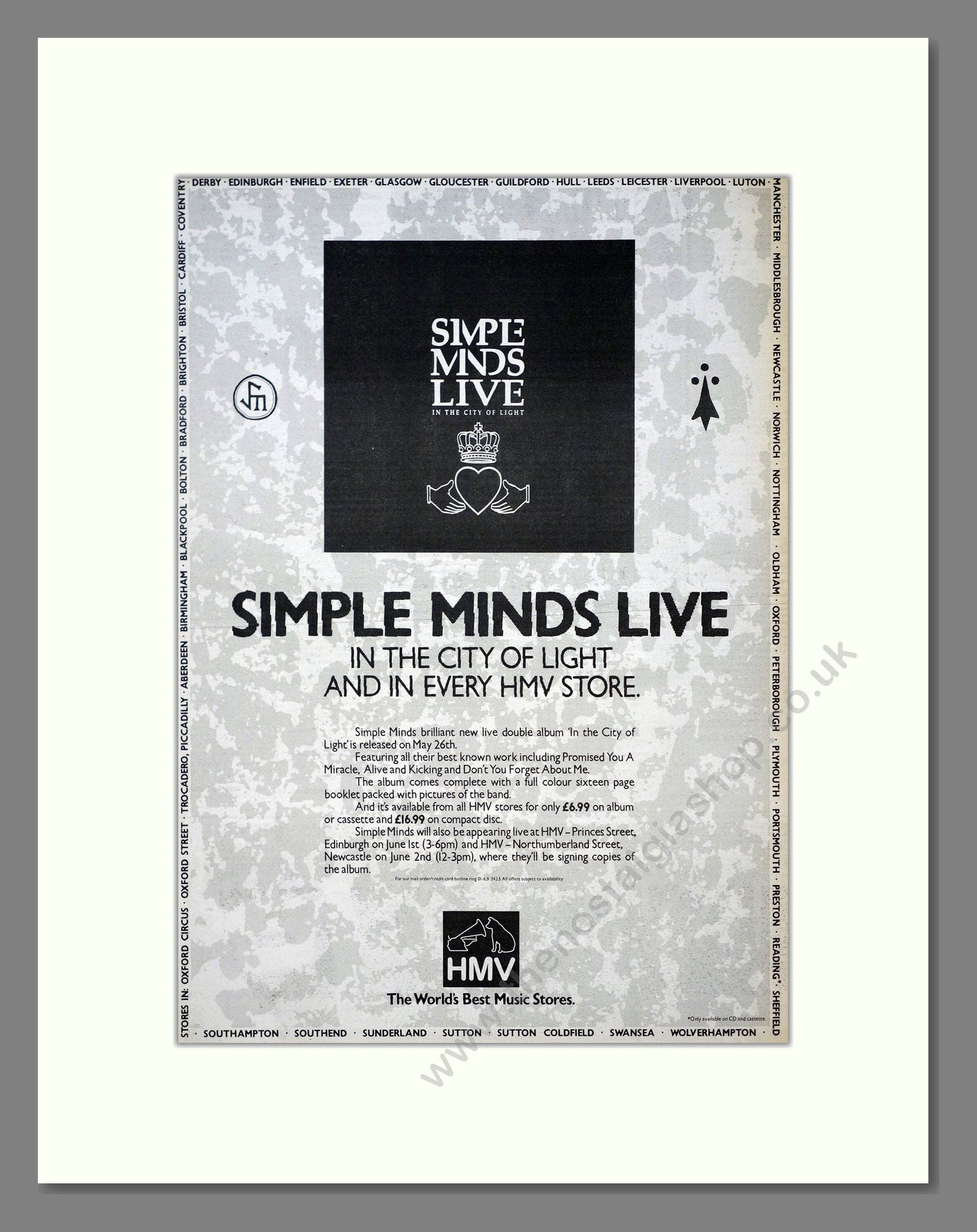 Simple Minds - Live In The City Of Light. Vintage Advert 1987 (ref AD21137)